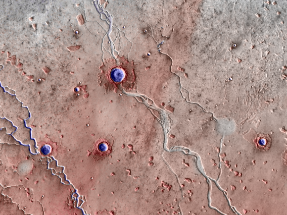 Elevation map of Hebrus Valles, Mars. Flood channels cut south to north through cratered terrain.