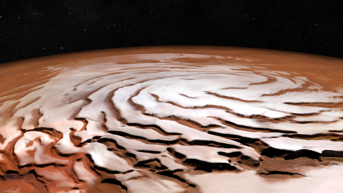 A perspective view of the north polar cap of Mars